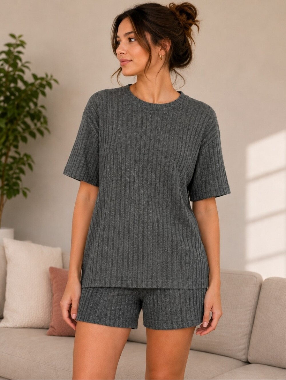 Hunter Green Ribbed Knit 2 Piece Lounge Set Top Shorts Size M